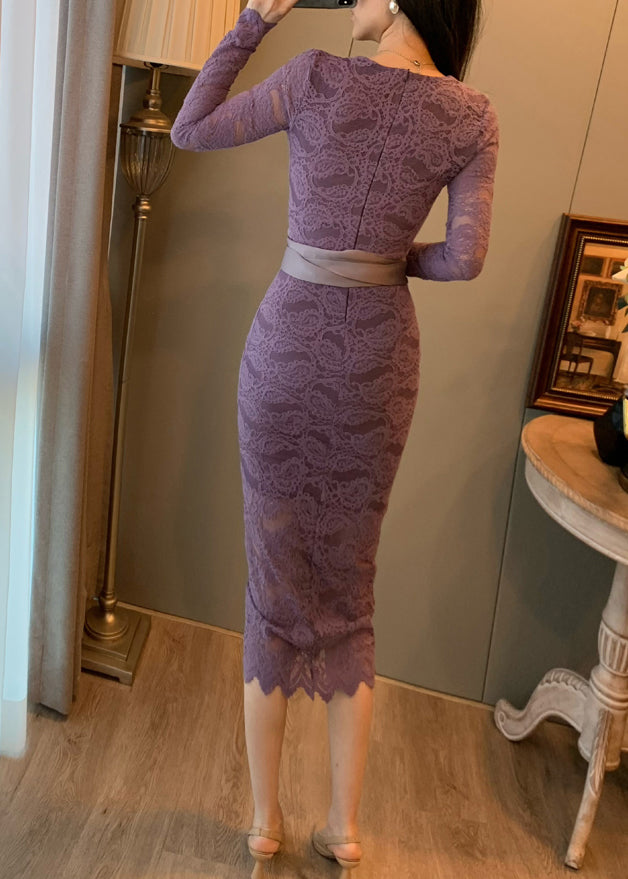 Elegant Lavender V Neck Tie Waist Lace Party Dresses Summer