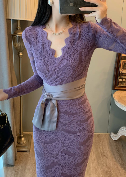 Elegant Lavender V Neck Tie Waist Lace Party Dresses Summer