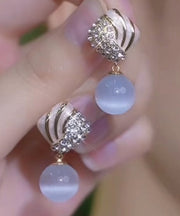 Elegant Light Blue Alloy Zircon Cat's Eye Stone Drop Glaze Drop Earrings
