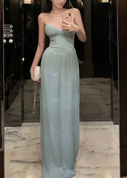 Elegant Light Blue Cold Shoulder Wrinkled Solid Cotton Party Dress Sleeveless