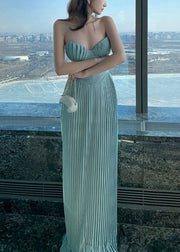 Elegant Light Blue Cold Shoulder Wrinkled Solid Cotton Party Dress Sleeveless
