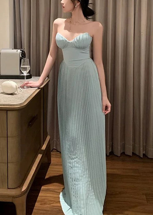 Elegant Light Blue Cold Shoulder Wrinkled Solid Cotton Party Dress Sleeveless