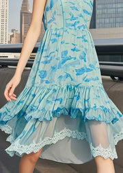 Elegant Light Blue Print Patchwork Chiffon Day Dresses Sleeveless