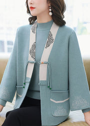 Elegant Light Blue V Neck Print Tassel Cotton Knit Cardigans And Sweaters Two Pieces Set Fall