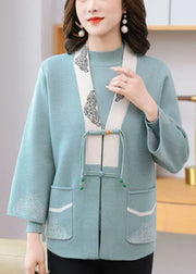 Elegant Light Blue V Neck Print Tassel Cotton Knit Cardigans And Sweaters Two Pieces Set Fall
