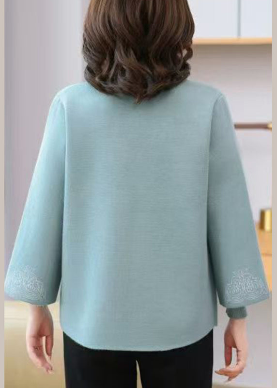 Elegant Light Blue V Neck Print Tassel Cotton Knit Cardigans And Sweaters Two Pieces Set Fall
