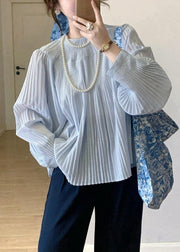Elegant Light Blue Wrinkled Solid Cotton Shirt Fall