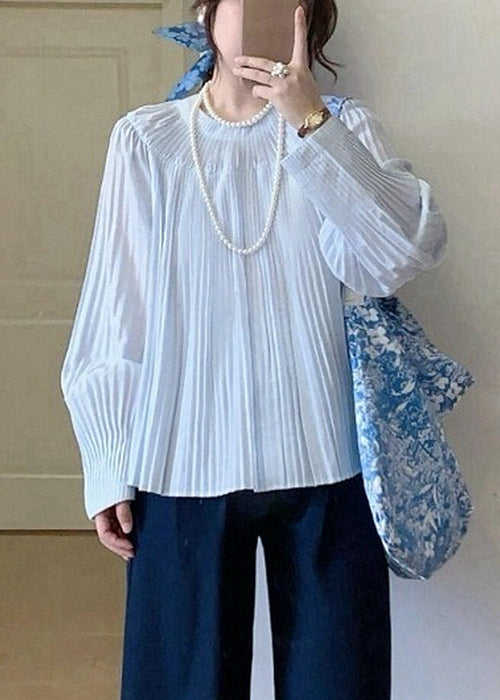Elegant Light Blue Wrinkled Solid Cotton Shirt Fall