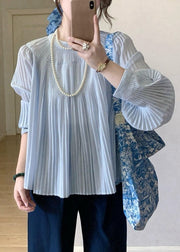 Elegant Light Blue Wrinkled Solid Cotton Shirt Fall