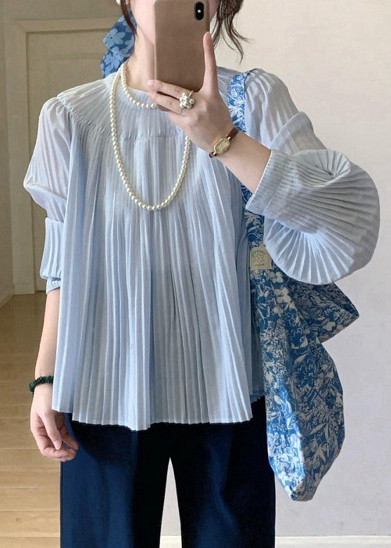 Elegant Light Blue Wrinkled Solid Cotton Shirt Fall