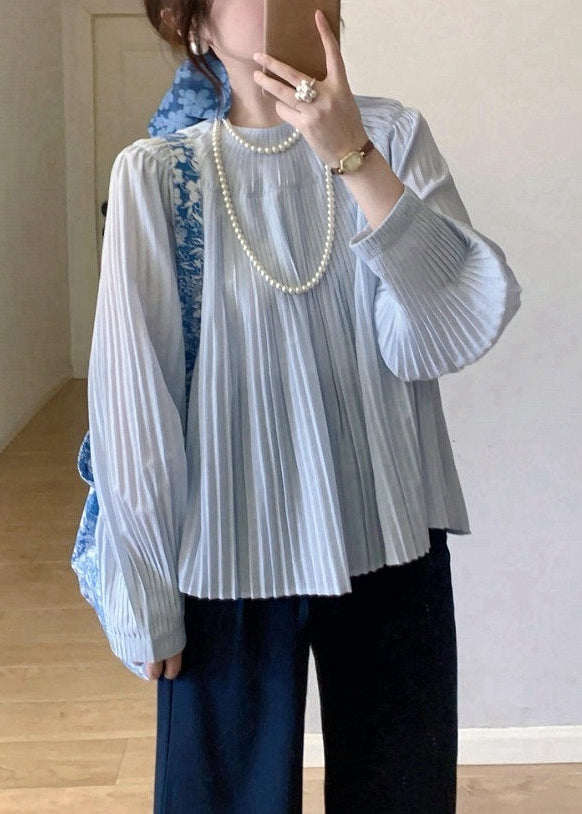 Elegant Light Blue Wrinkled Solid Cotton Shirt Fall