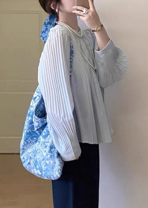 Elegant Light Blue Wrinkled Solid Cotton Shirt Fall