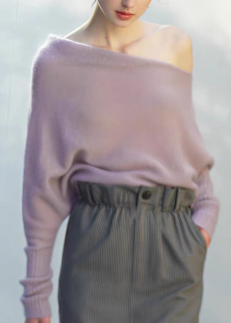 Elegant Light Purple Cold Shoulder Knit Shirts Top Fall