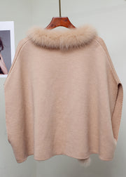 Elegant Milk Tea Camel Color Fox Collar Patchwork Woolen Coats Winter