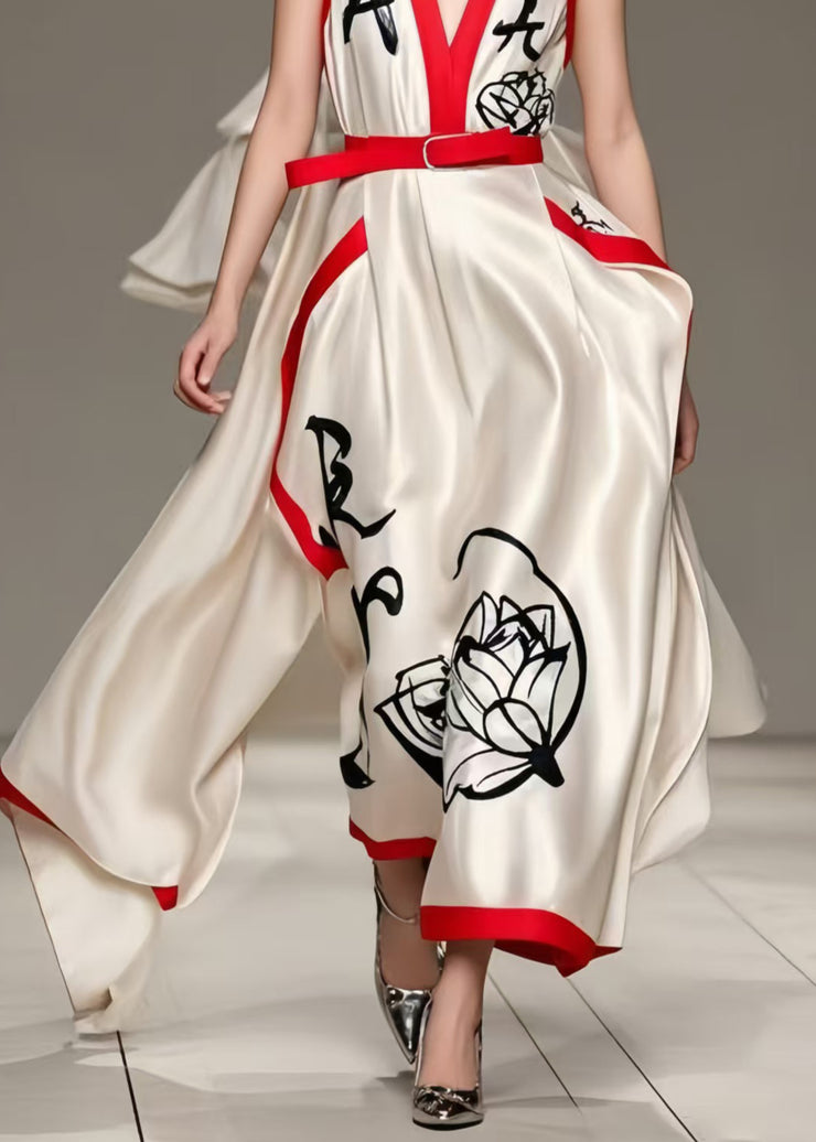 Elegant Milk White Asymmetrical Print Silk Holiday Dress Summer