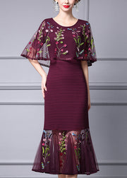 Elegant Mulberry Embroidered Floral Cape Style Party Dress Summer
