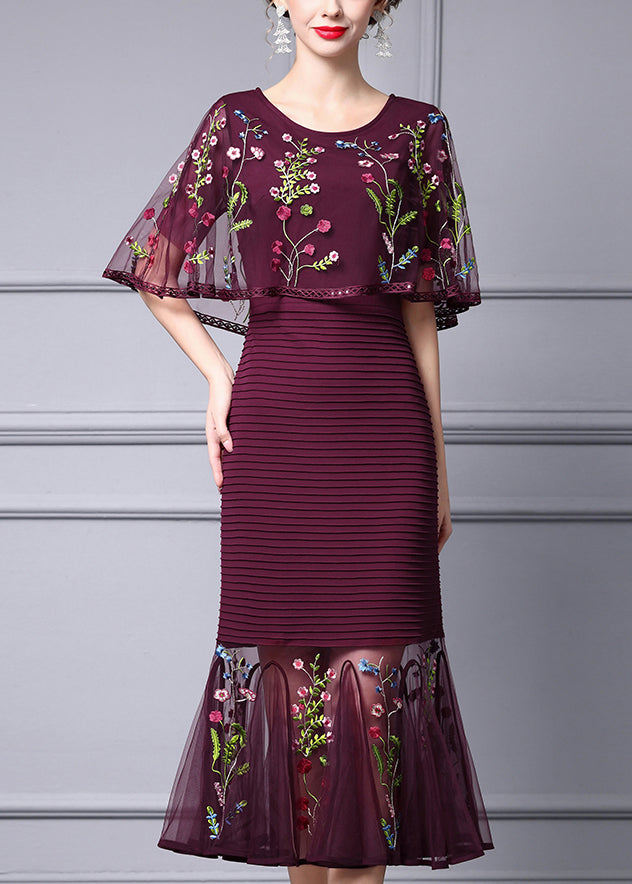 Elegant Mulberry Embroidered Floral Cape Style Party Dress Summer
