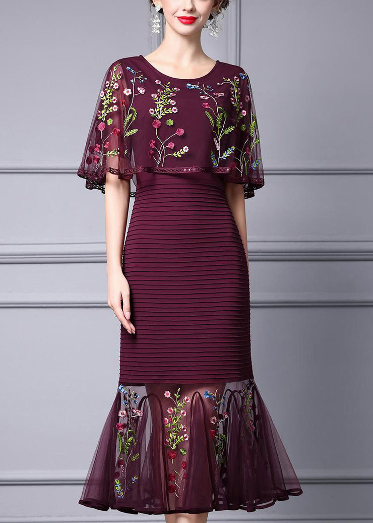 Elegant Mulberry Embroidered Floral Cape Style Party Dress Summer