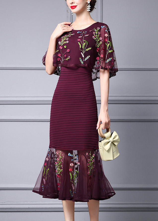 Elegant Mulberry Embroidered Floral Cape Style Party Dress Summer