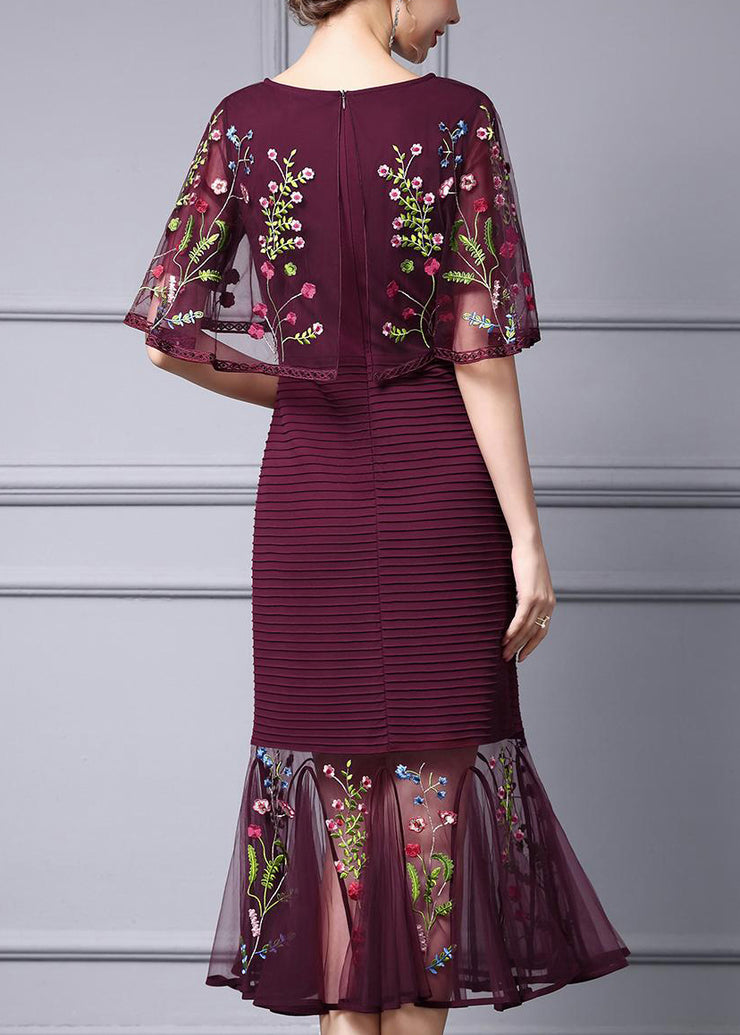 Elegant Mulberry Embroidered Floral Cape Style Party Dress Summer