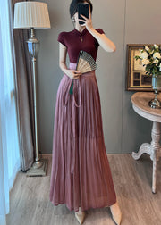 Elegant Mulberry Mandarin Collar Dress And Skirt Two Pieces Set Summer