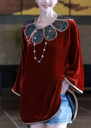 Elegant Mulberry O-Neck Button Silk Velour Shirt Fall