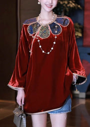 Elegant Mulberry O-Neck Button Silk Velour Shirt Fall