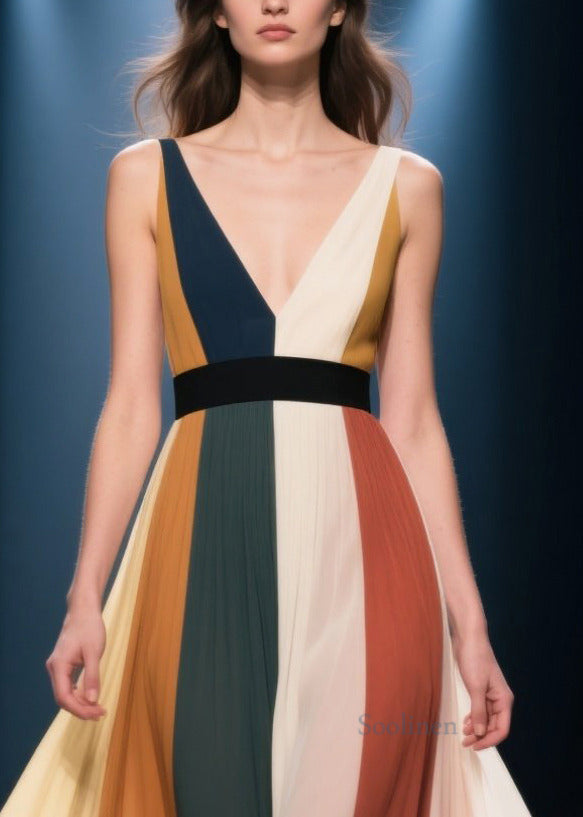 Elegant Multicolour Oversized Striped Chiffon Long Dress Summer