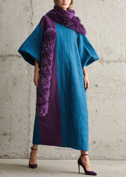 Elegant Navy Asymmetrical Patchwork Faux Fur Ankle Dress Lantern Sleeve