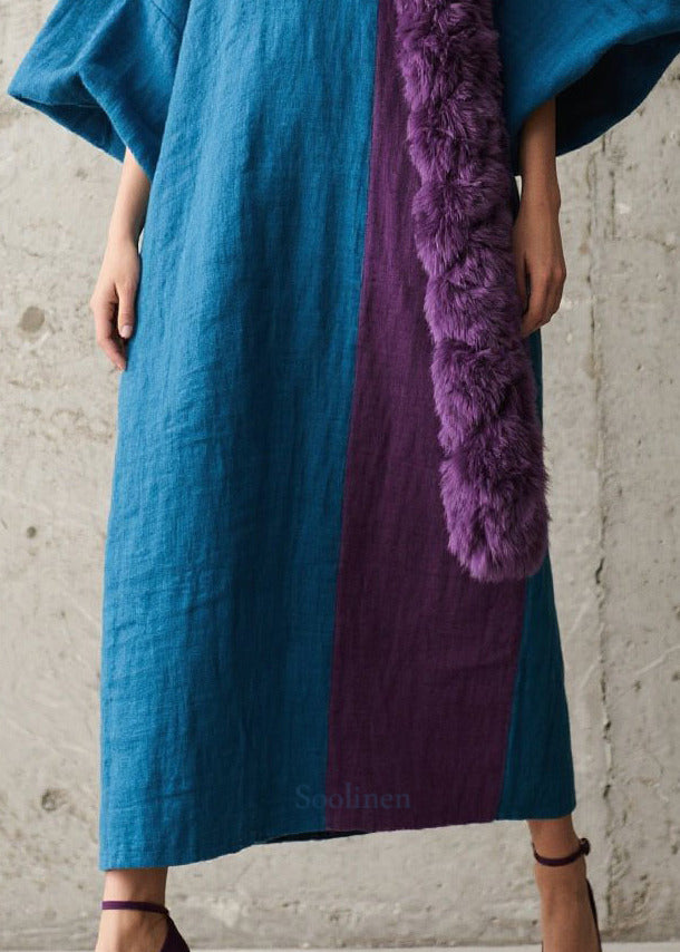 Elegant Navy Asymmetrical Patchwork Faux Fur Ankle Dress Lantern Sleeve