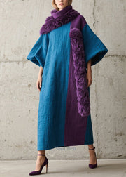 Elegant Navy Asymmetrical Patchwork Faux Fur Ankle Dress Lantern Sleeve