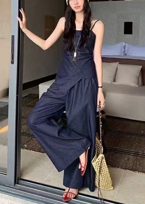 Elegant Navy Asymmetrical Silm Fit Denim 2 Piece Outfit Summer