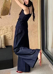 Elegant Navy Asymmetrical Silm Fit Denim 2 Piece Outfit Summer