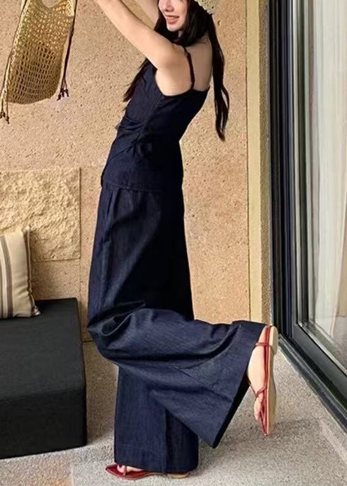 Elegant Navy Asymmetrical Silm Fit Denim 2 Piece Outfit Summer