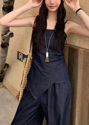 Elegant Navy Asymmetrical Silm Fit Denim 2 Piece Outfit Summer