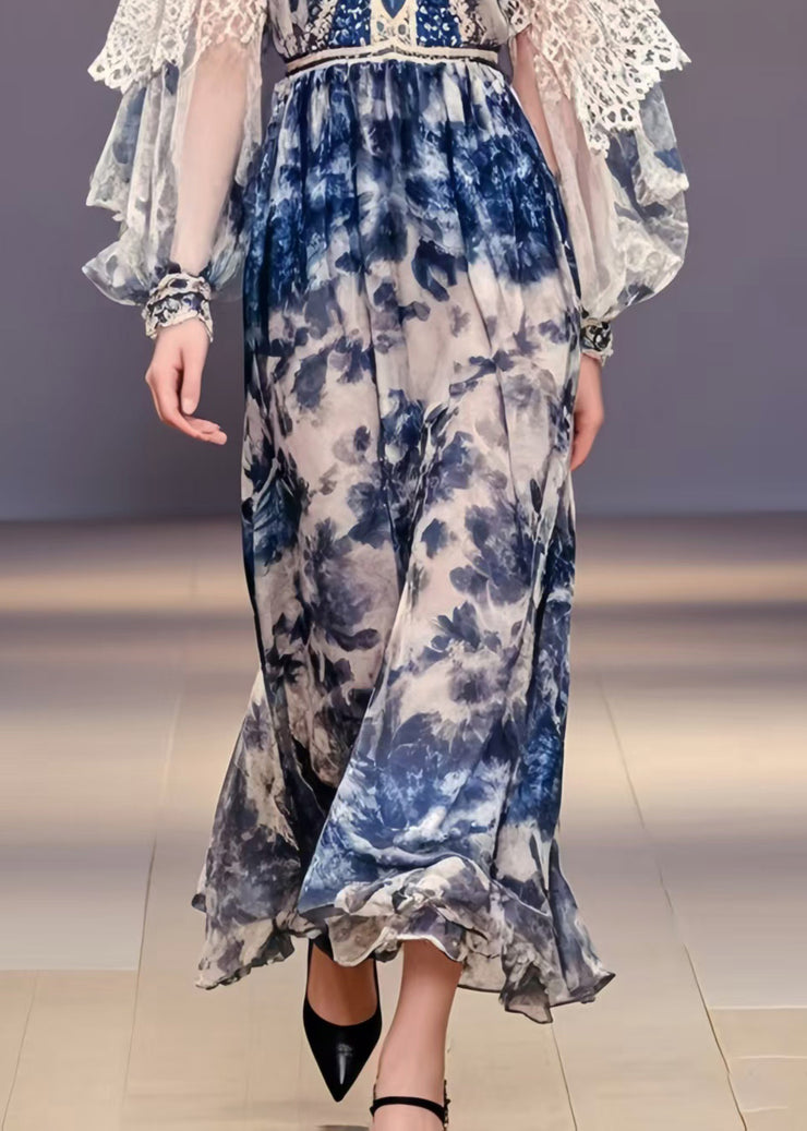 Elegant Navy Print Chiffon Party Dress Lantern Sleeve