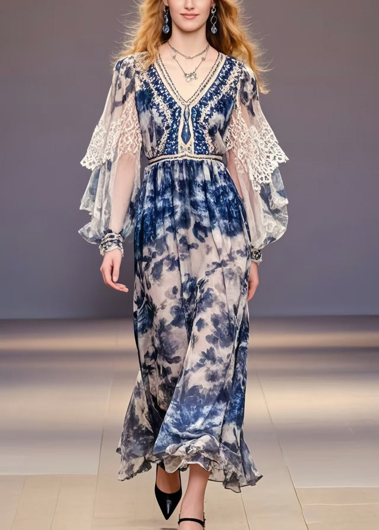 Elegant Navy Print Chiffon Party Dress Lantern Sleeve