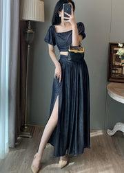 Elegant Navy Square Collar Side Open Denim Two-Piece Set Summer