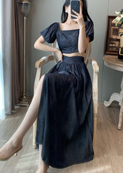 Elegant Navy Square Collar Side Open Denim Two-Piece Set Summer