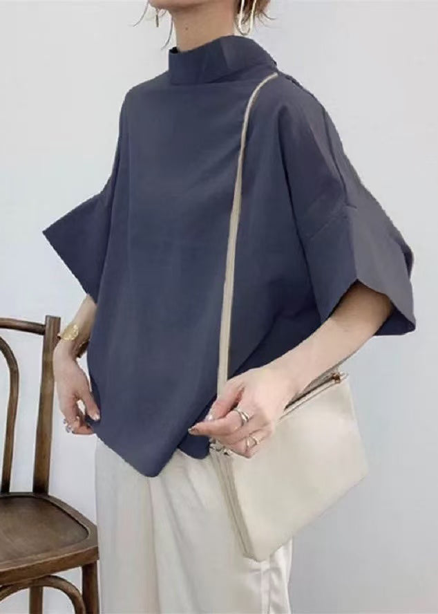 Elegant Navy Stand Collar Cotton Shirt Batwing Sleeve