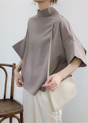 Elegant Navy Stand Collar Cotton Shirt Batwing Sleeve