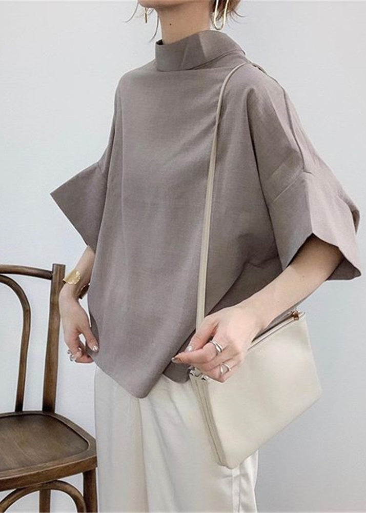 Elegant Navy Stand Collar Cotton Shirt Batwing Sleeve