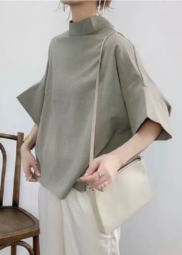 Elegant Navy Stand Collar Cotton Shirt Batwing Sleeve
