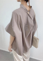 Elegant Navy Stand Collar Cotton Shirt Batwing Sleeve