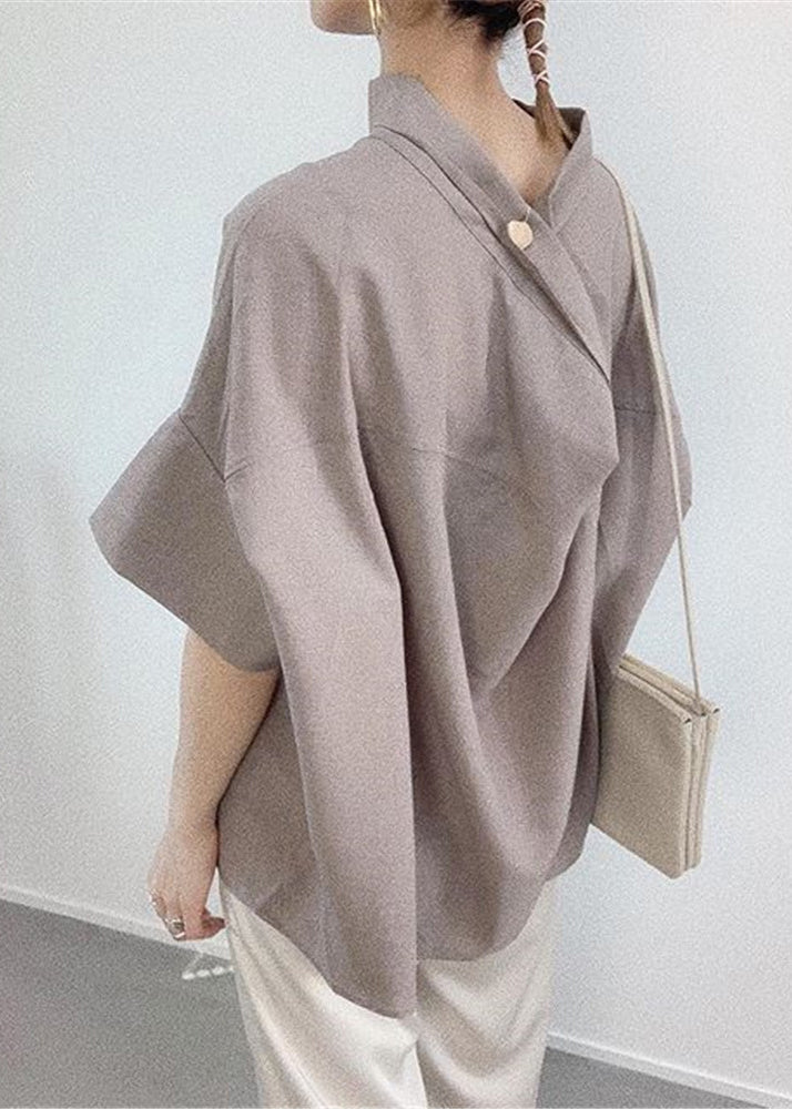 Elegant Navy Stand Collar Cotton Shirt Batwing Sleeve