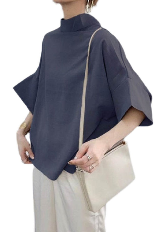 Elegant Navy Stand Collar Cotton Shirt Batwing Sleeve