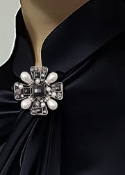 Elegant Navy Stand Collar Wrinkled Silk Shirt Top Spring