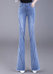 Elegant Navy Tassel Pockets Patchwork Denim Flared Trousers Fall