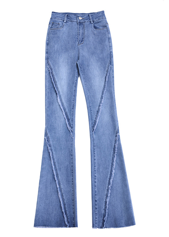 Elegant Navy Tassel Pockets Patchwork Denim Flared Trousers Fall