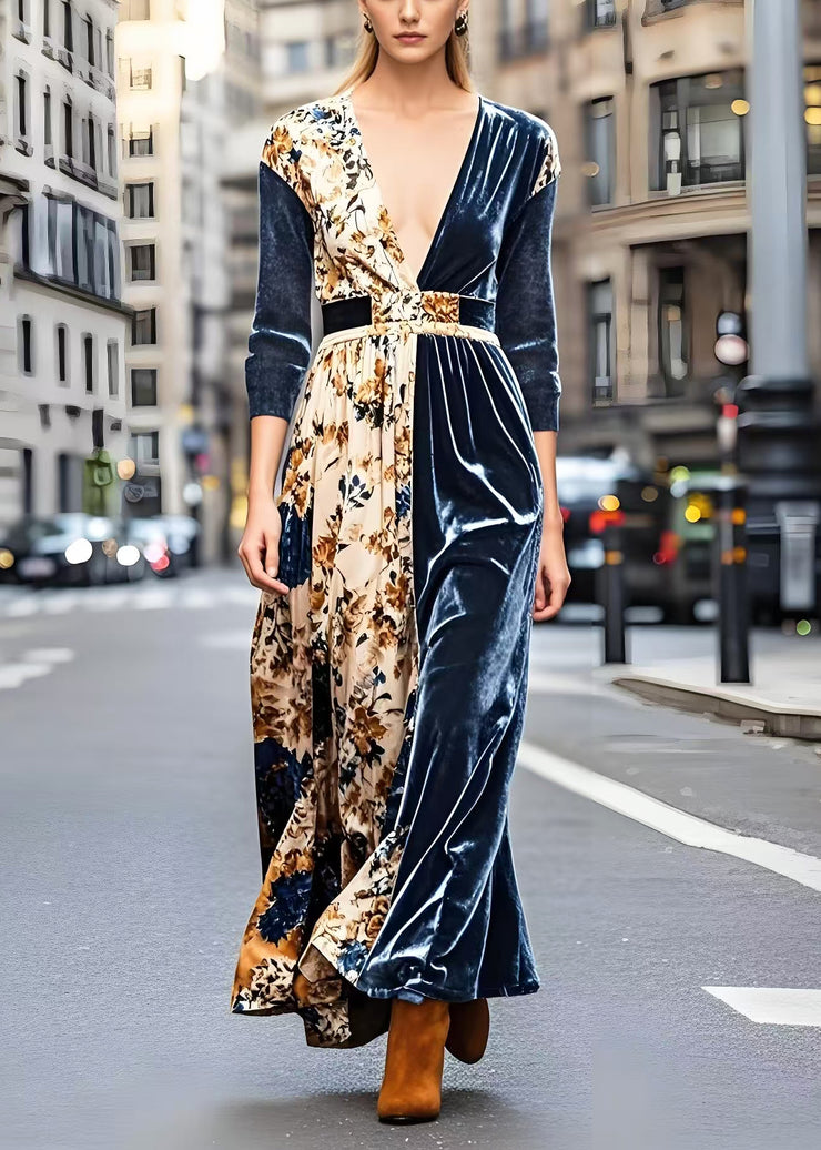 Elegant Navy V Neck Patchwork Print Silk Velvet Dresses Spring